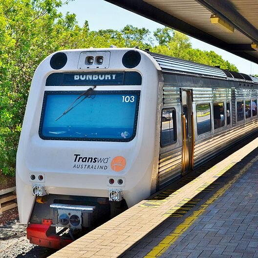 The Transwa Australind awaits its 2:45 pm departure for Perth Railway Station at the Bunbury Passenger Terminal.