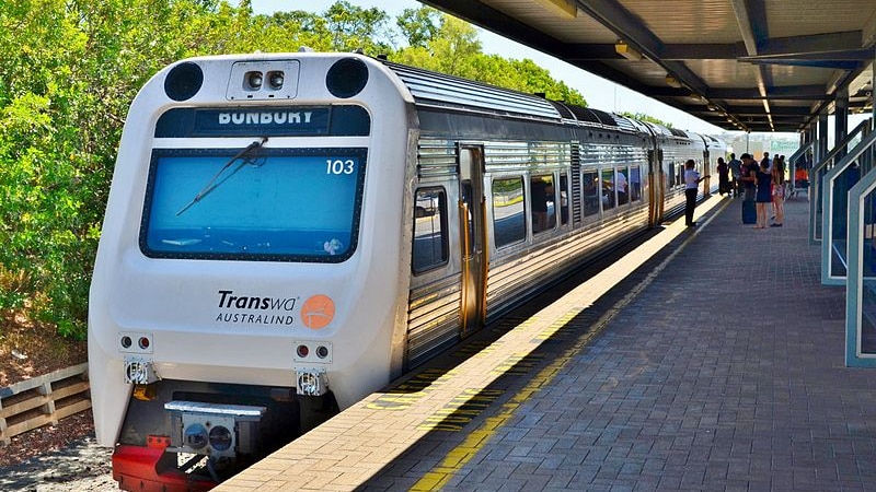 The Transwa Australind awaits its 2:45 pm departure for Perth Railway Station at the Bunbury Passenger Terminal.