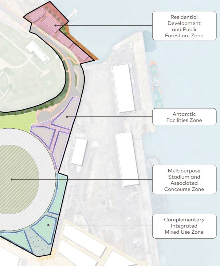 Concept artistico del piano d'area che mostra lo stadio e le aree residenziali, nonché l'area delle strutture dell'Antartide.