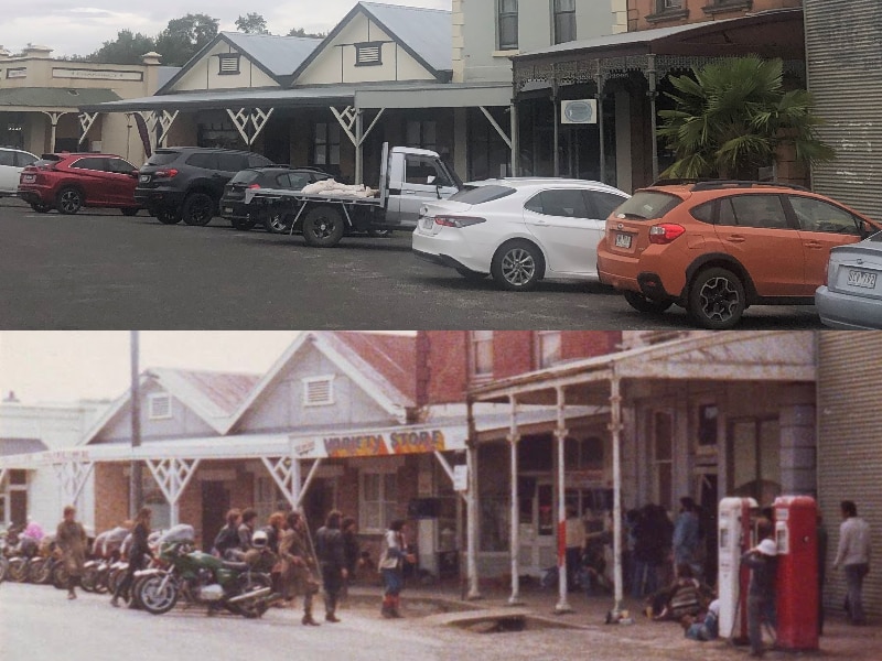 Split image of the Clunes streetscape in 2024 and 1977.