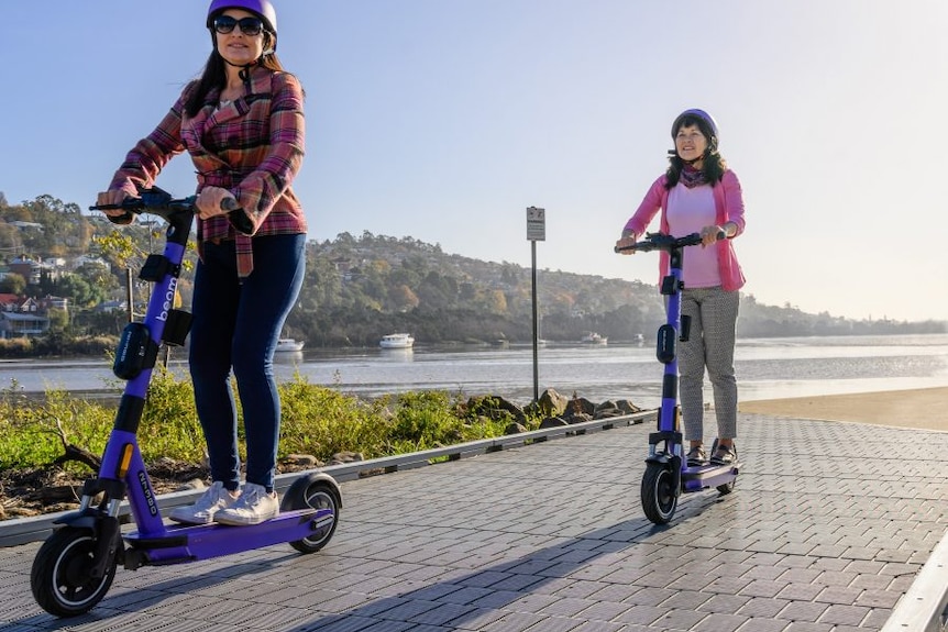 Two people riding purple scooters near the water