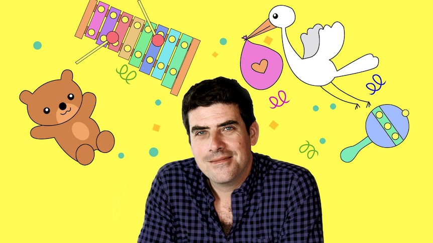 A photo of Russell Torrance on a bright yellow background surrounded by cartoons of a teddy bear, xylophone, stork and rattle.
