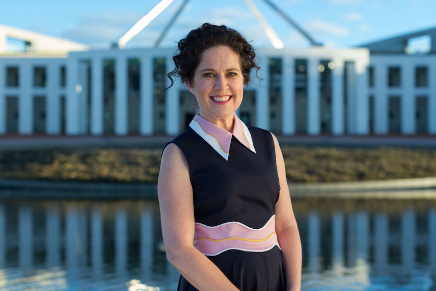 Presenter Annabel Crabb outside Parliament House in Canberra.