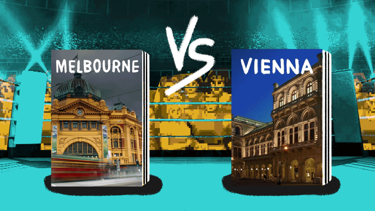 Gif of Melbourne and Vienna travel guides in a boxing ring to depict Vienna beating Melbourne as the world's most liveable city.