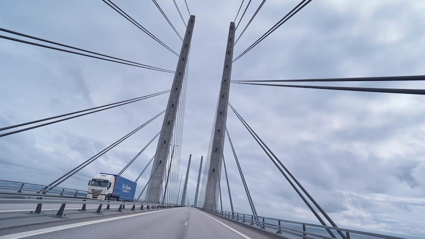 Massive steel bridge, the Oresund bridge, linking Copenhagen in Denmark to Malmoe in Sweden