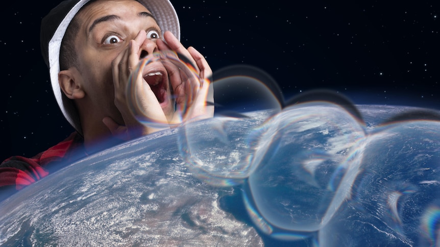 A man shouts between his hands, sound represented by bubbles across Earth surface