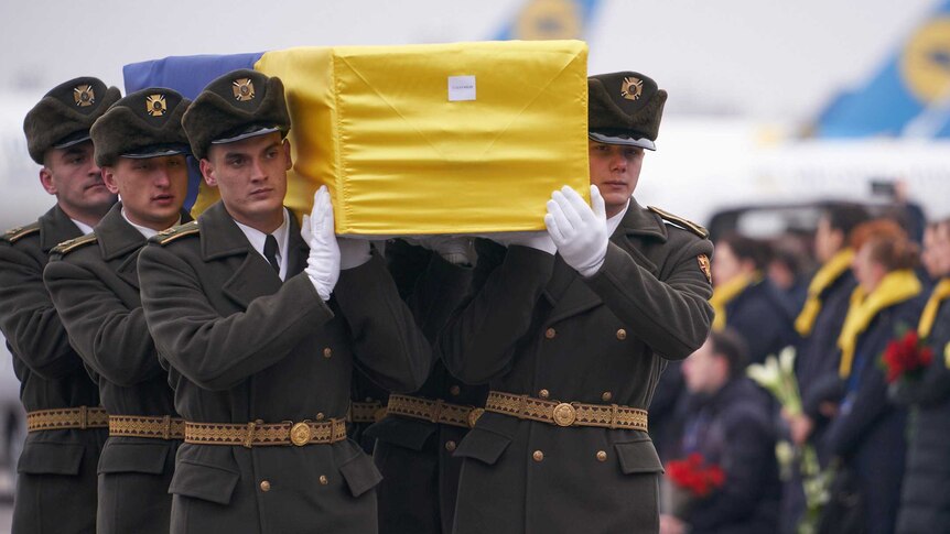 Soldiers carry a coffin draped in yellow and blue flag with crowds and plane in foreground.