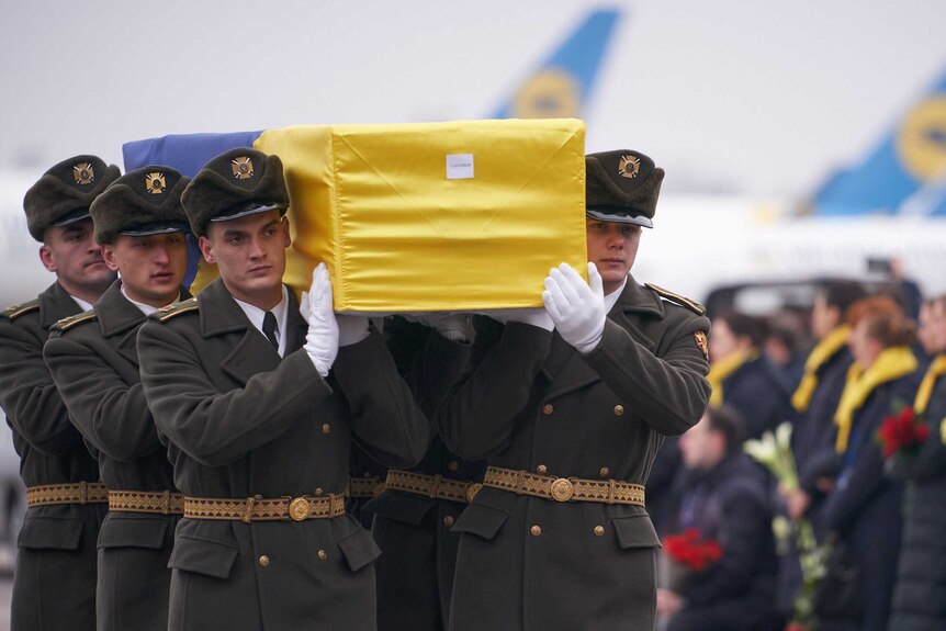 Soldiers carry a coffin draped in yellow and blue flag with crowds and plane in foreground.
