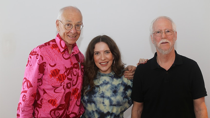 Dr Karl & professor Don Kurtz at triple j studios, with host Lucy Smith