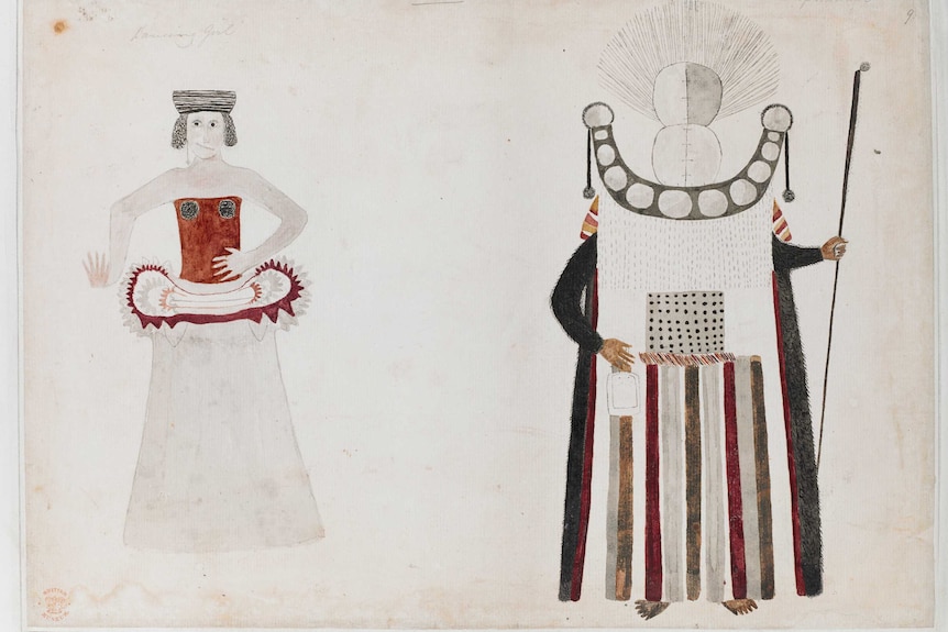 A drawing of a woman dancing and a Tahitian chief mourner's costume.
