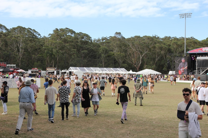 Crowds of people spread across grass, festival stage in the background.