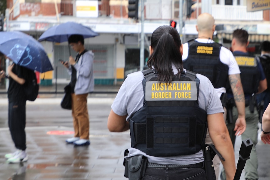 Three officers wearing bullet-proof vests with Australian Border Force written on them. 