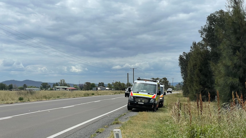 Two ambulances parked on the side of a country road beneath a cloudy sky.