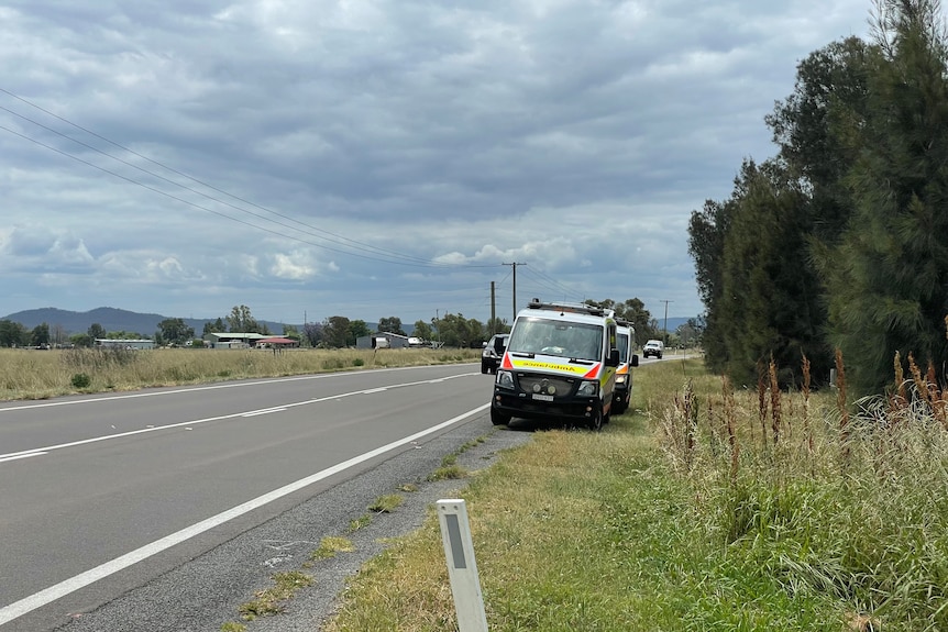 Two ambulances parked on the side of a country road beneath a cloudy sky.