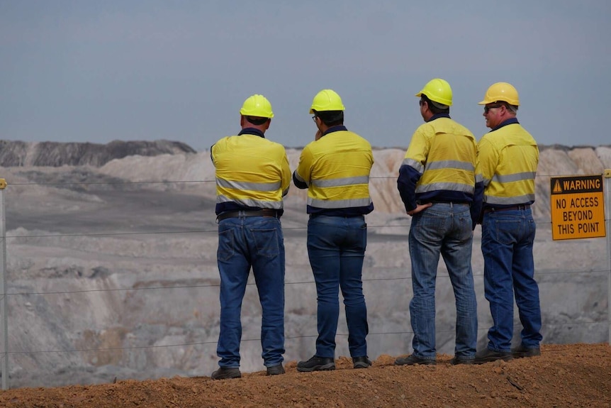 A group of four men in yellow hi-vis and hard hats look out over a mine site.