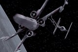 A screenshot from a Star Wars film shows an X-wing chasing a TIE fighter past the Death Star