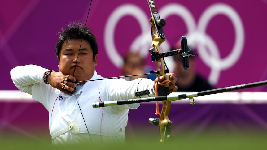 On target ... Oh Jin-hyek of South Korea competes against Viktor Ruban of Ukraine during the men's individual archery