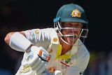 David Warner shouts after playing a shot while batting in an Ashes Test against England at the Gabba.