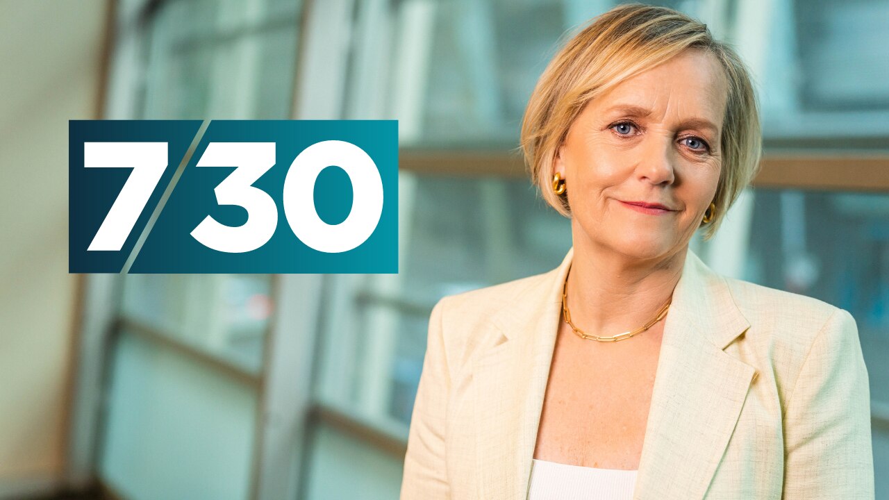 7.30 host Sarah Ferguson in a cream suit next to a 7.30 logo.