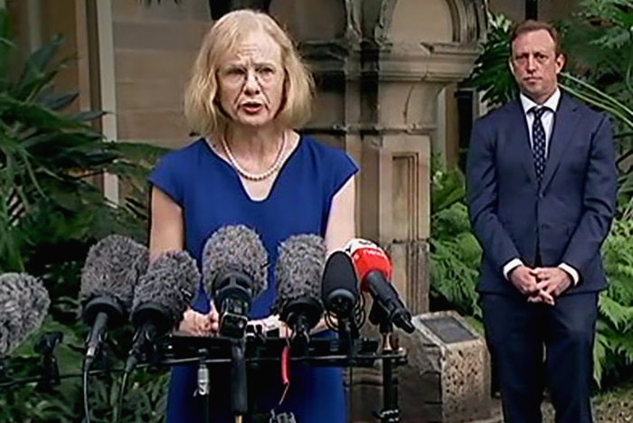 Queensland's chief health officer speaks to the media, the Health Minister stands behind her