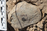 Ancient stone flake next to ruler