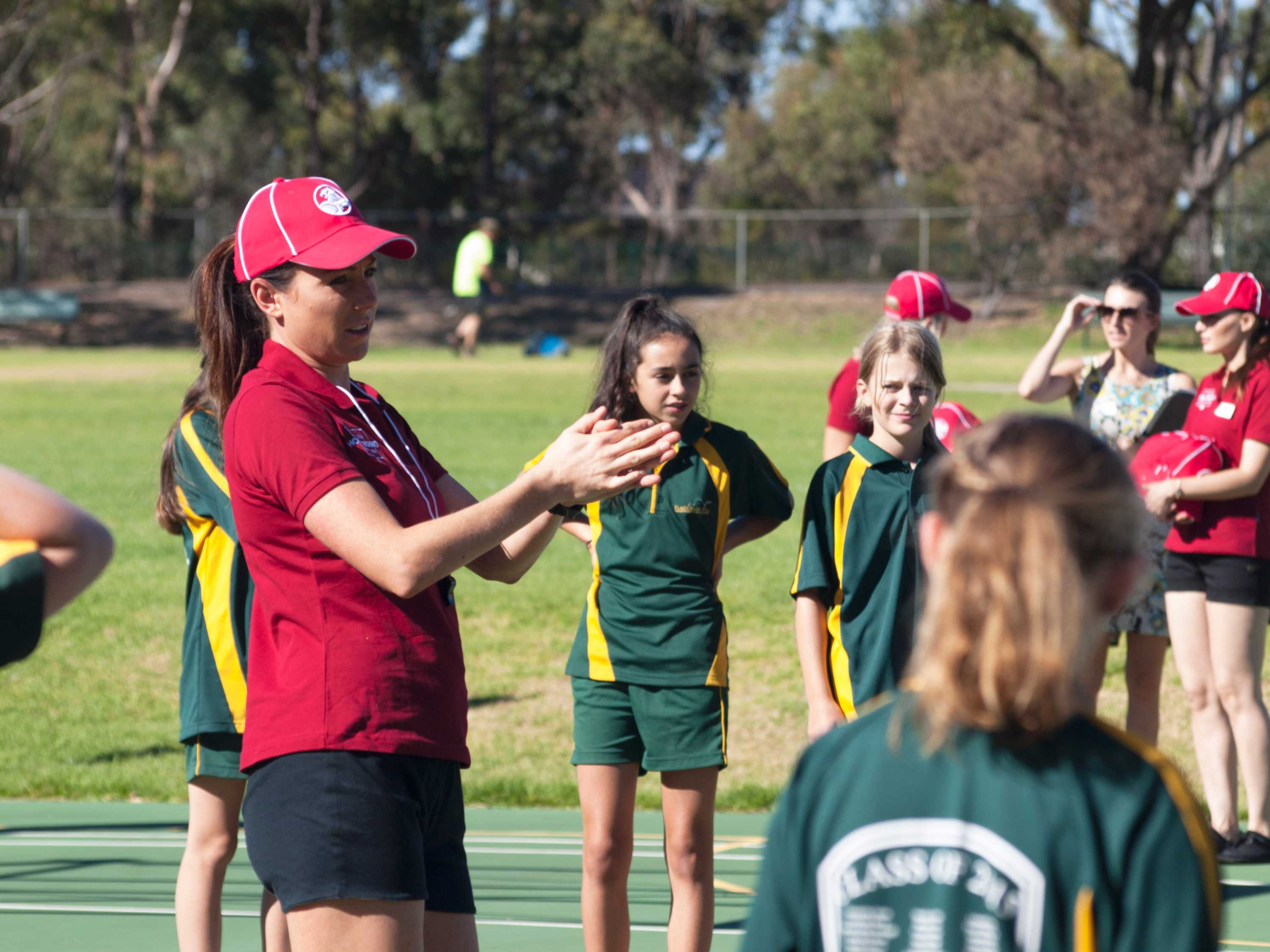 Natalie von Bertouch coaches students at her old school at Flagstaff Hill Primary.