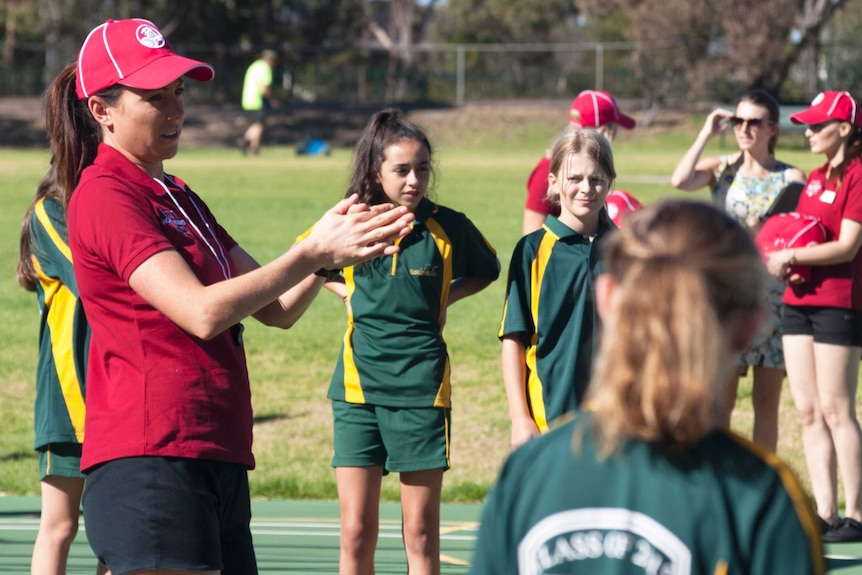 Natalie von Bertouch coaches students at her old school at Flagstaff Hill Primary.