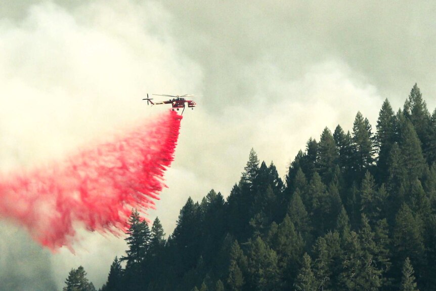 A firefighting helicopter drops red fire retardant onto an enormous forest fire in California.