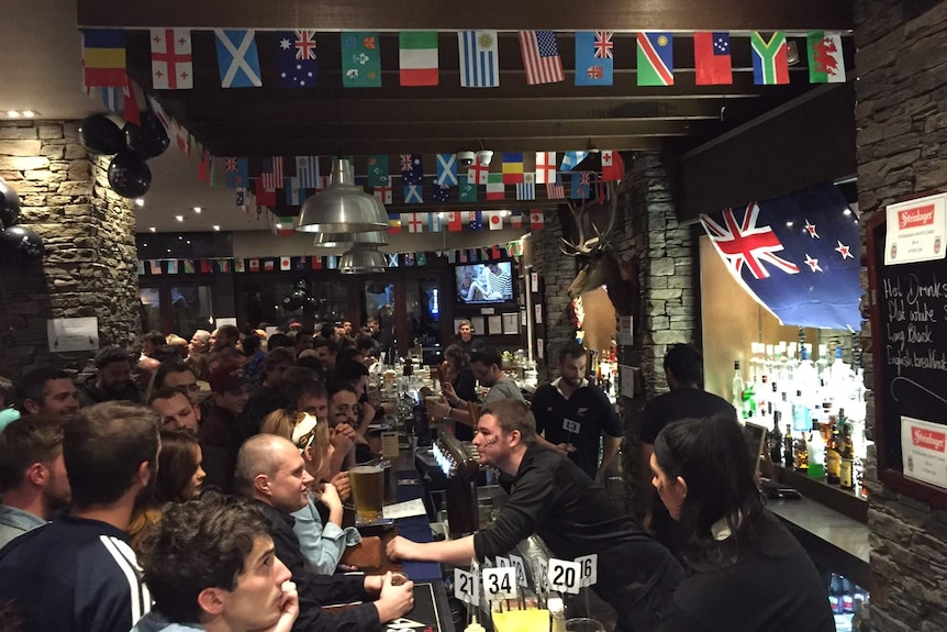 Crowds lined up for hours at Auckland's harbour precinct to get prime positions inside pubs, bars and restaurants for the 2015 Rugby World Cup