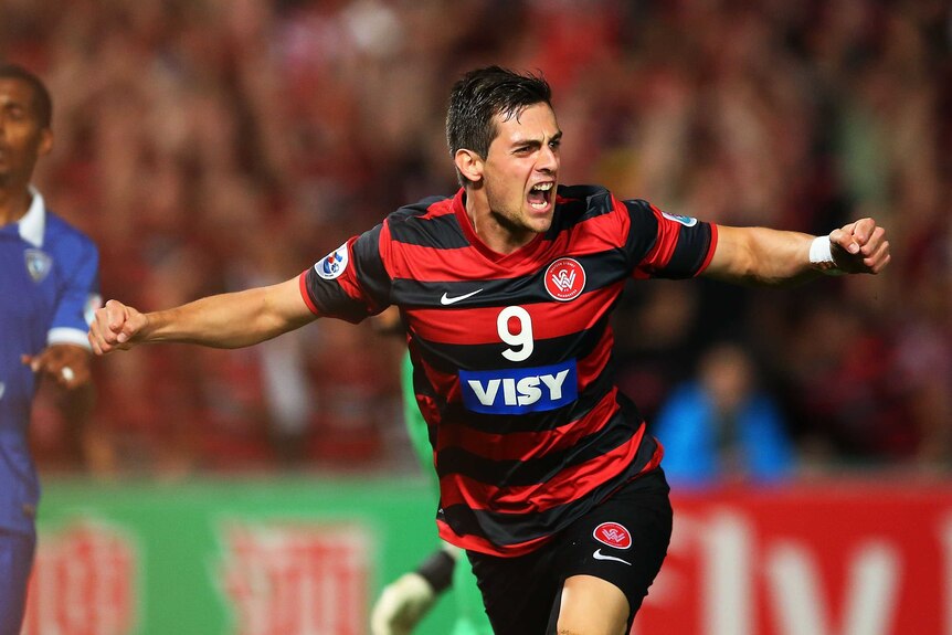 Tomi Juric celebrates a goal for Western Sydney Wanderers against Al-Hilal in the Asian Champions League final first leg