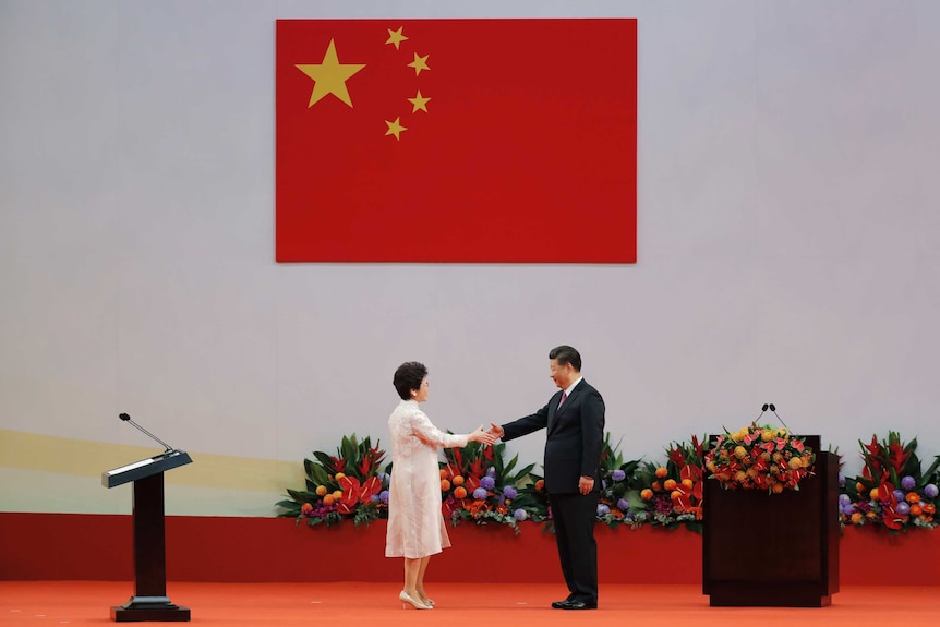 Carrie Lam and Xi Jinping shaking hands.