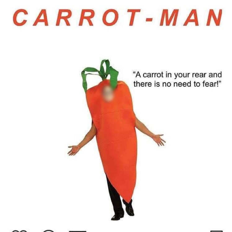 A screenshot of a mock-up photo of a man dressed in a carrot costume