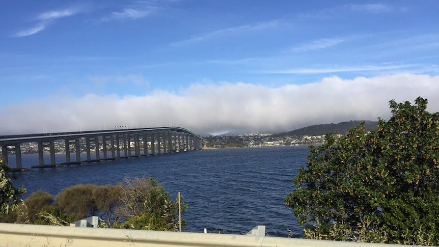 Fog moves in towards the Tasman Bridge, Christmas Eve, 2016.