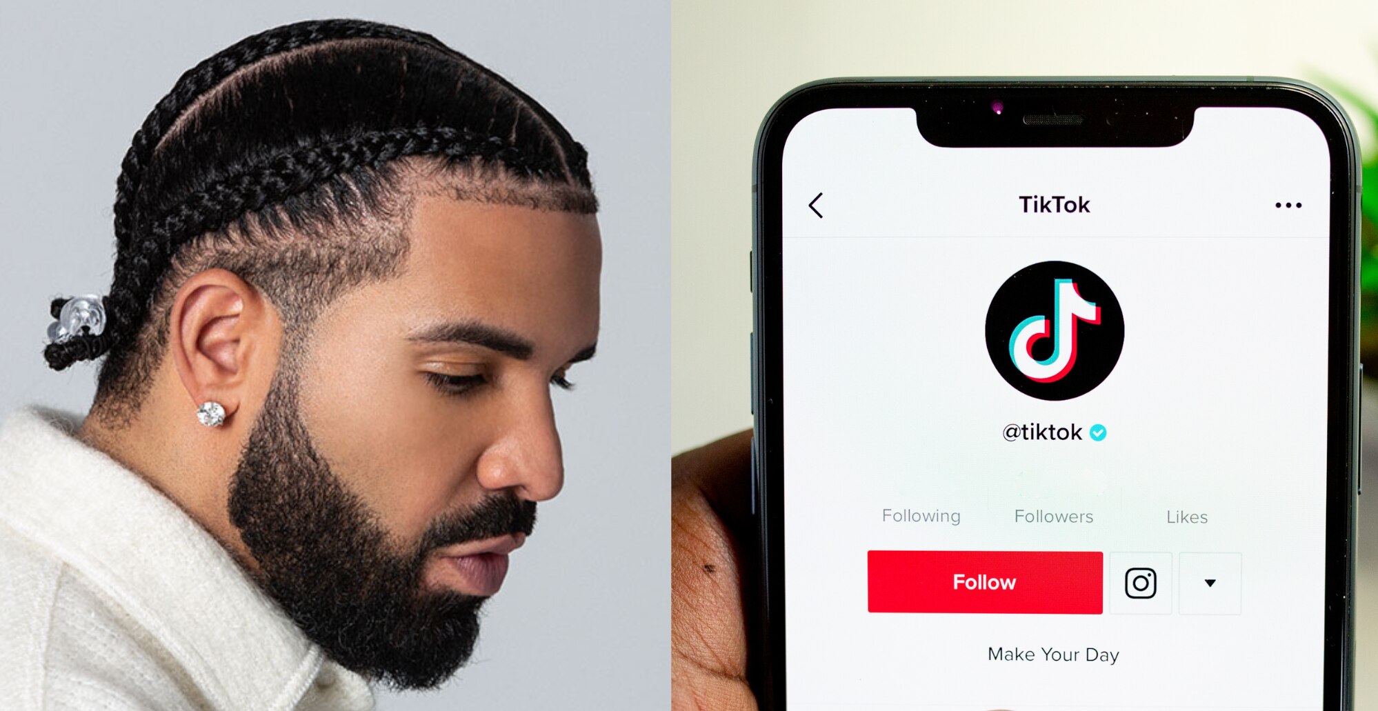 Composite image of Drake looking sad and a phone screen with the tiktok app open