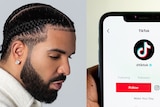 Composite image of Drake looking sad and a phone screen with the tiktok app open