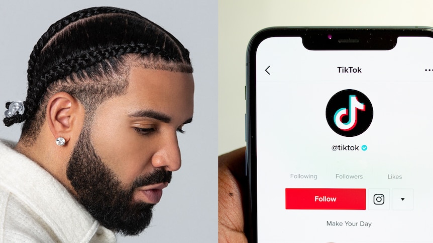 Composite image of Drake looking sad and a phone screen with the tiktok app open