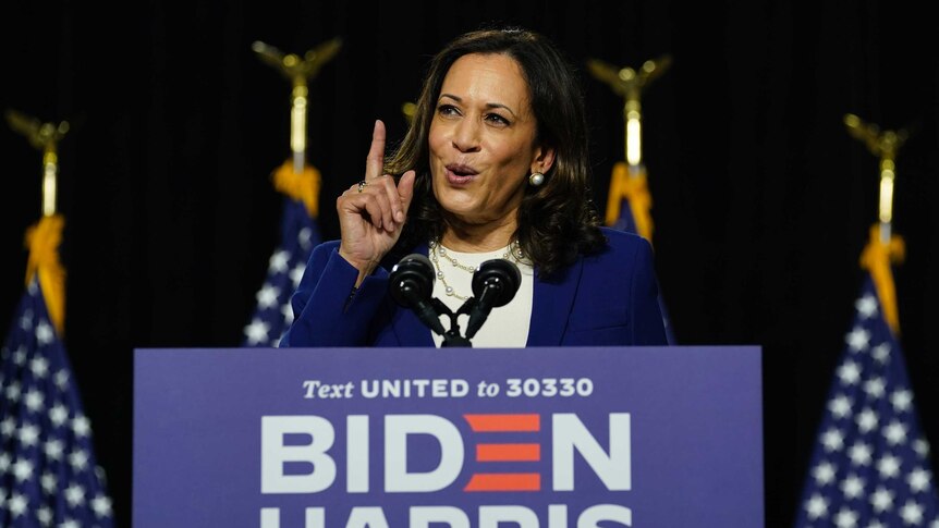 Kamala Harris speaks during a campaign event announcing her as Joe Biden's running mate