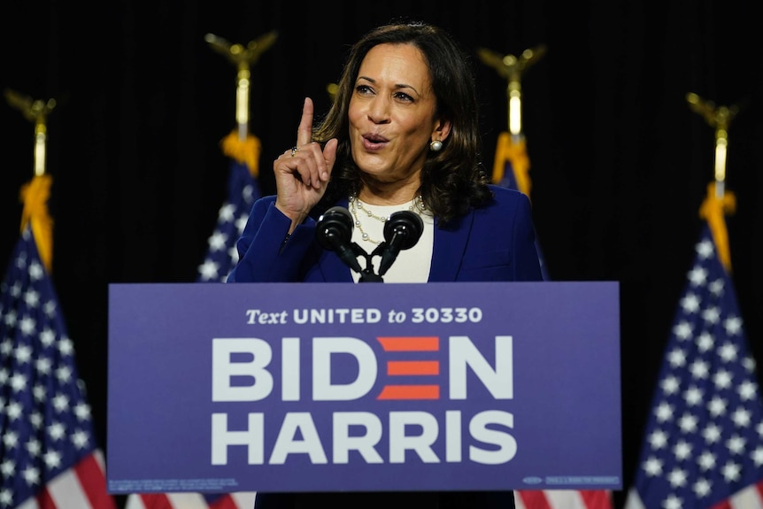 Kamala Harris speaks during a campaign event announcing her as Joe Biden's running mate
