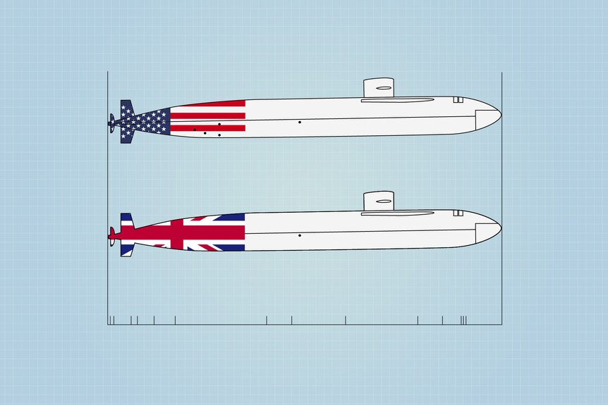 A blueprint-style illustration shows two submarines with tails painted with the US and UK flags, respectively.