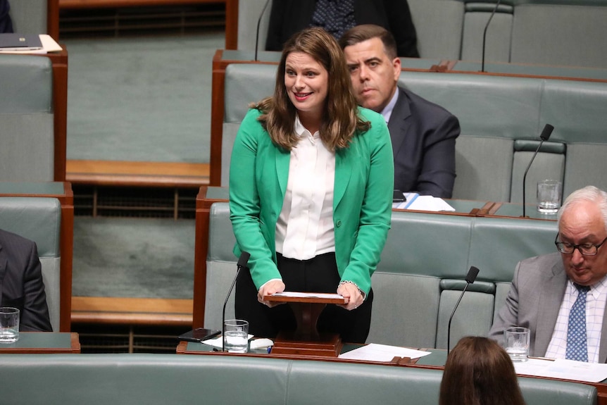 Kate Ellis wears a white top, black skirt and green jacket standing to give a speech in the parliament.
