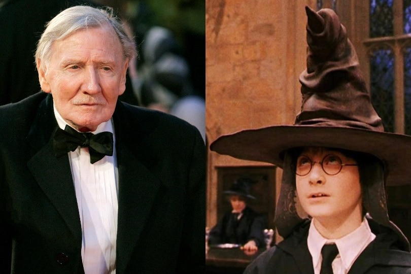 A composite image of actor Leslie Phillips wearing a suit and Harry Potter wearing the Sorting Hat in a Harry Potter film