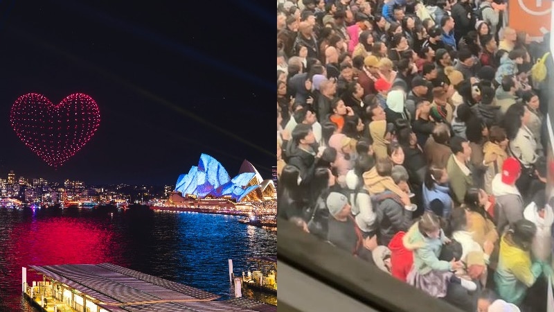 a composite image of a love heart illuminated over sydney harbour and a crowd crush at circular quay