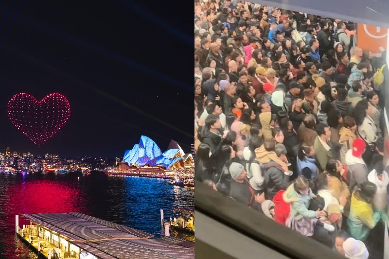 a composite image of a love heart illuminated over sydney harbour and a crowd crush at circular quay