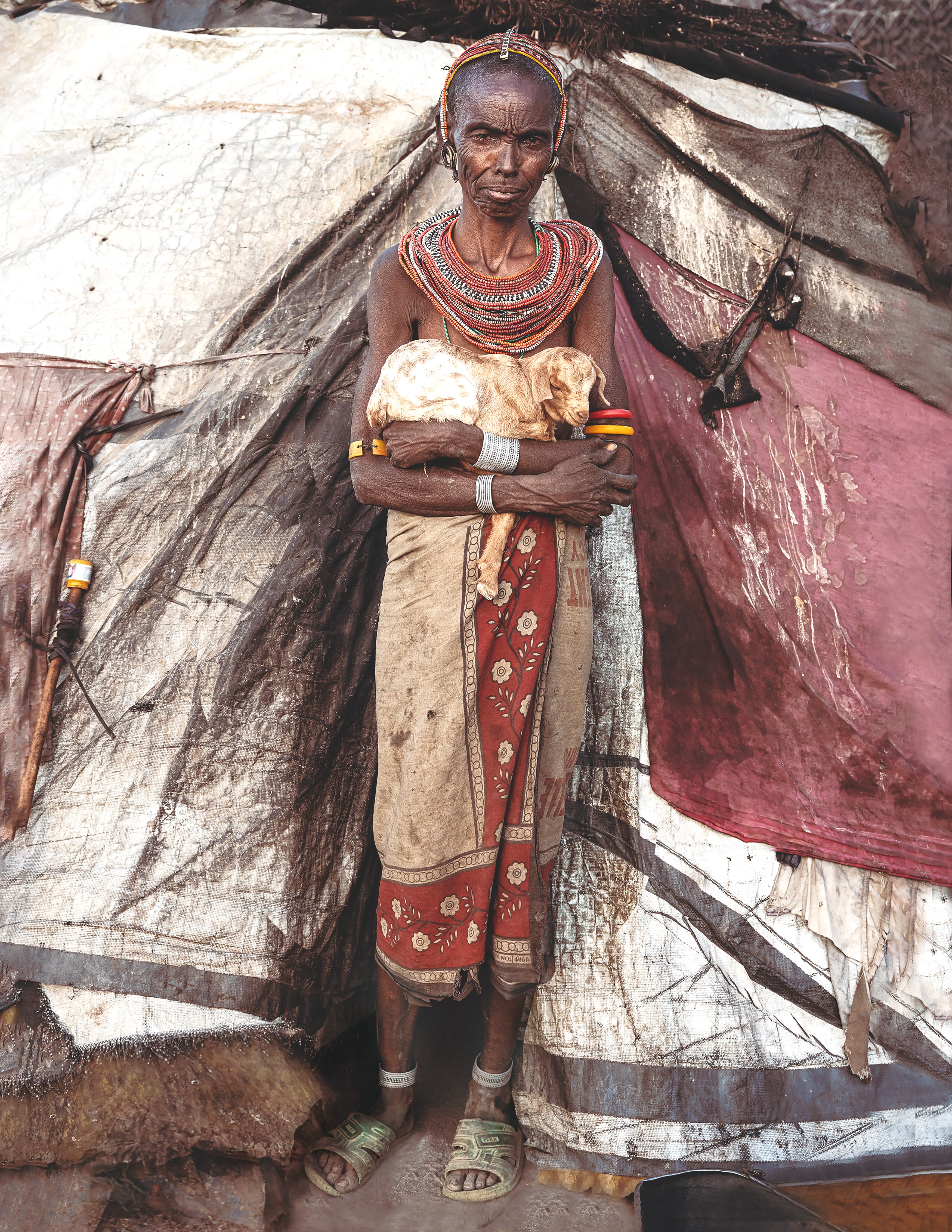 An elderly Rendille woman holds her newborn goat outside her house in northern Kenya.