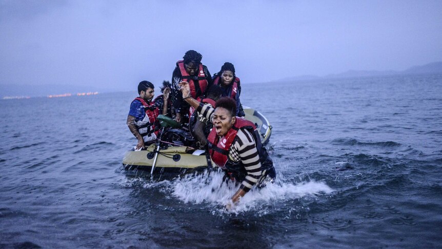 Asylum seekers in rubber boat near Bodrum, Turkey