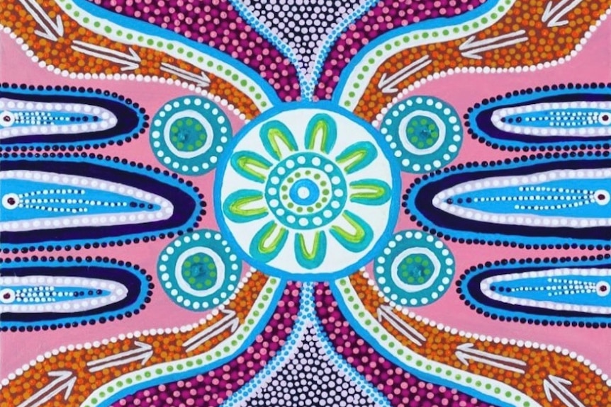 An Indigenous artwork comprised of dots and patterns in a variety of colours, including pink,blue and orange