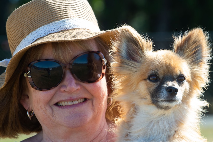 A cute Pomeranian - Chihuahua cross looks alert with loving owner's face just behind.