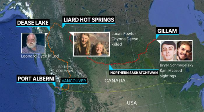 A map of Canada showing a timeline of the movements of Bryer Schmegelsky and Kam McLeod.