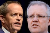 Sidey-by-side, close-up shots of the faces of Bill Shorten and Scott Morrison.