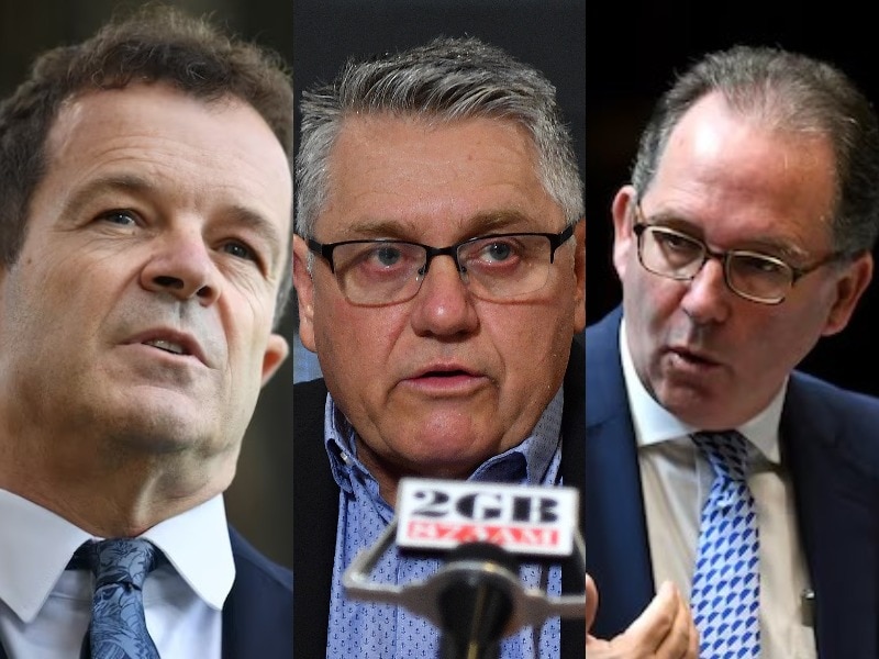 Three middle-aged men in suits in a composite image.